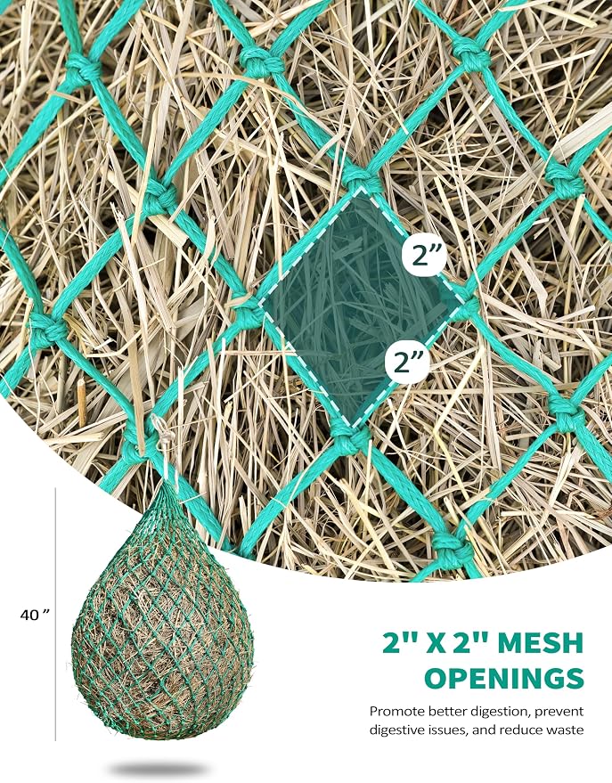 Harrison Howard Slow Feed Hay Net for Horses, 40 Inch Hay Bag Holds 1–2 Flakes, 2 Inch Mesh Durable Hanging Feeder for Stable, Pasture & Livestock-Grass Green