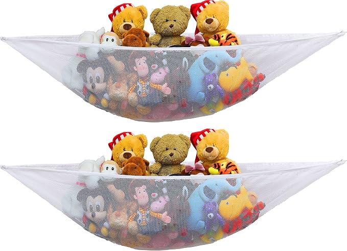 Simple Houseware 2 Pack Stuffed Animal Toy Hammock Net, White | Jumbo Size Corner Wall Storage for Kids Room