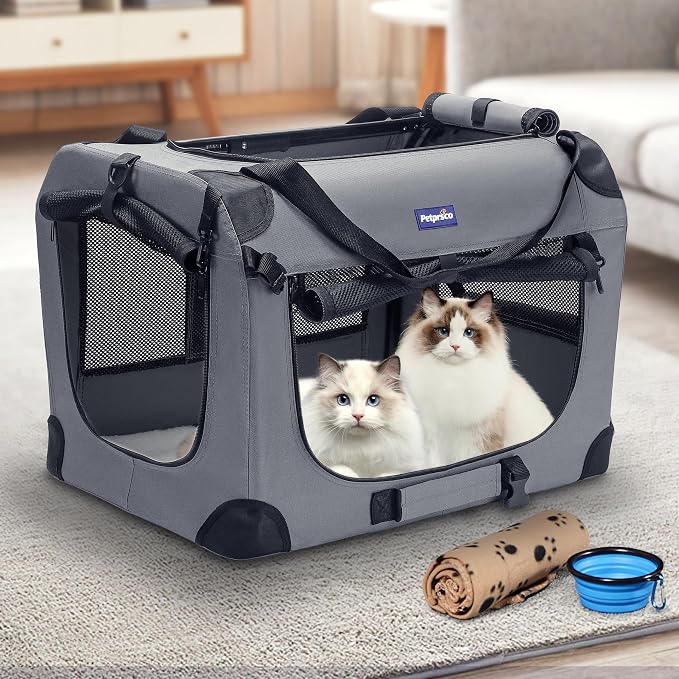 Petprsco Portable Collapsible Dog Crate, 24" Soft Dog Crate for Car Travel | Includes Mat, Blanket & Bowl, Strong Fabric, 4-sided Mesh Vents, 3 Doors, Fit Small Dogs & Large Cats Indoor and Outdoor Use