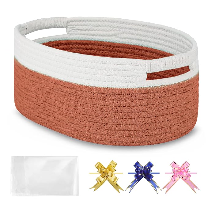 Small Woven Gift Basket with Bag & Ribbons, Autumn Glaze | Cotton Rope, 13”x 9”x 5.5”, Fits for Kids, Women & Men, Bedroom, Living Room, Nursery & Bathroom Storage, Cat & Dog Toy Boxes