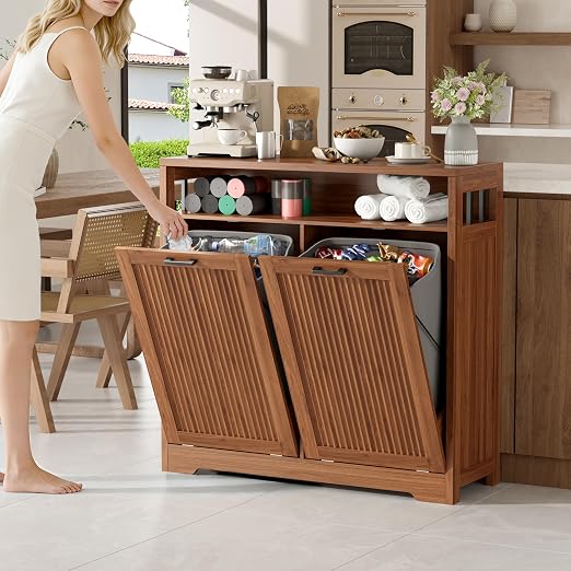 Pet-Proof Double 13 Gallon Tilt Out Trash Can Cabinet with Open Storage – Hide Garbage & Recycling Bins to Keep Your Kitchen Clean and Organized,Walnut