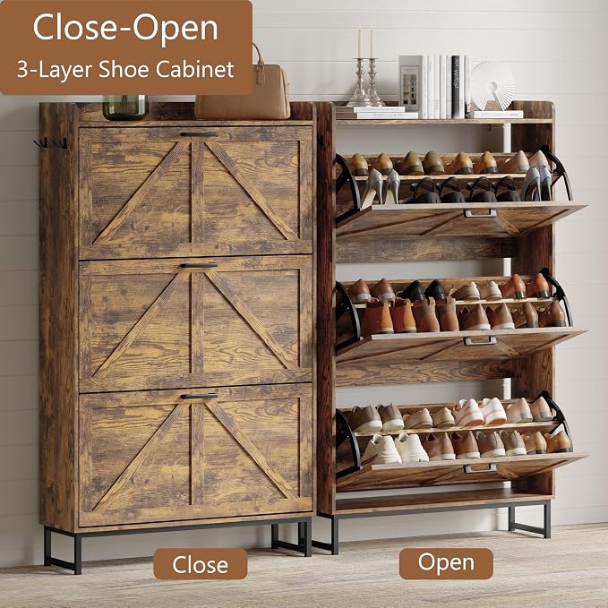 Xixini Shoe Storage Cabinet with 3 Flip Drawers, Entryway Shoe Rack, Brown | Freestanding Narrow Shoe Storage, Hidden Slim Wood Shoe Organizer, Modern Farmhouse, Open Storage & Hooks for Closet, Hallway