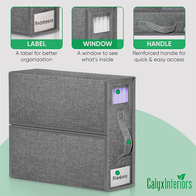 Calyx Interiors Bed Sheet Organizers and Storage | Set of 2 | Reinforced Handle & Zipper | Clear Window & Labeling Slot | Protect Linens from Dust, Moisture & Pet Hair (Queen/King Size, Soft Gray)