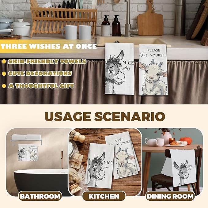 Kitchen Towels Set of 2, Farm Animal Dish Towel for Kitchen, Donkey Sheep Bathroom Decorative Hand Towels, Fast Drying Tea Towel with Slogans, Housewarming Gifts for Women Mom -B23