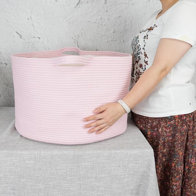 XUANGUO Extra Large Cotton Rope Round Storage Basket 22" x 14" Pink | Woven basket for blankets, toys, towels, laundry, nursery, living room and pet toy storage.