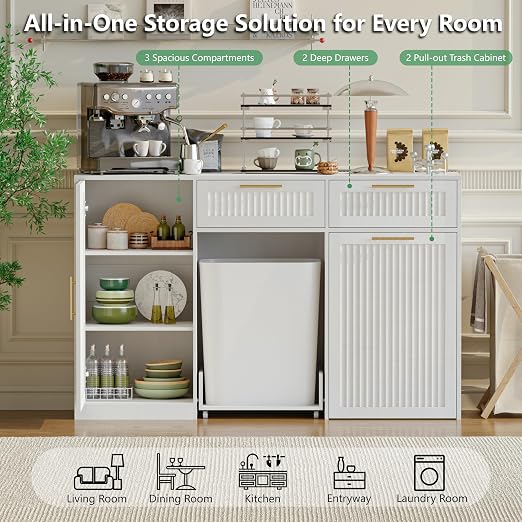 Double 13 Gallon Pull Out Trash Can Cabinet with Storage Cabinet,White | Pet Proof Hidden Garbage Can Cabinet,3-Tier Shelves,Fluted Design,Extra Drawer Space,Kitchen & Dining Room Organization