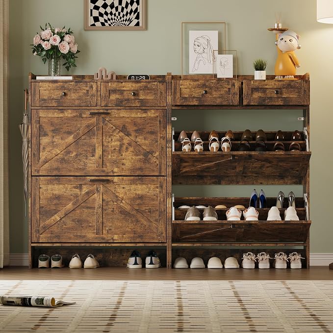 BORNOON Shoe Storage Cabinet for Entryway, Farmhouse Narrow Shoe Cabinet with 2 Flip Drawers & Top Drawers, Adjustable Shelves & Hooks, Freestanding Hidden Rack Organizer for Hallway, Foyer