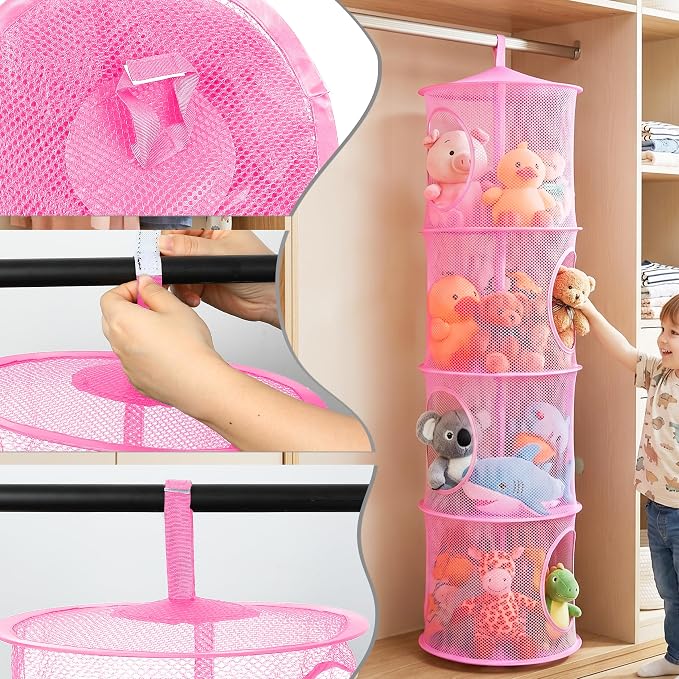 Hanging Stuffed Animal Storage Hammock Net 4 Tiers, Pink | Hanging Mesh Storage Organizer for Kids Room, Holds Plushies, Gloves, Hats, Socks, Foldable Space-saving Design
