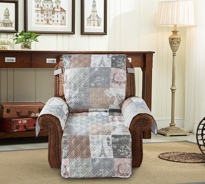 Brilliant Sunshine Latte Grey Paris & Toile Couch Recliner Cover, 28" seat | Quilted Sofa Cover, Living Room & Bedroom Furniture Protector, Large Washable Reclining Chair Slipcover for Pets, Dogs & Cats