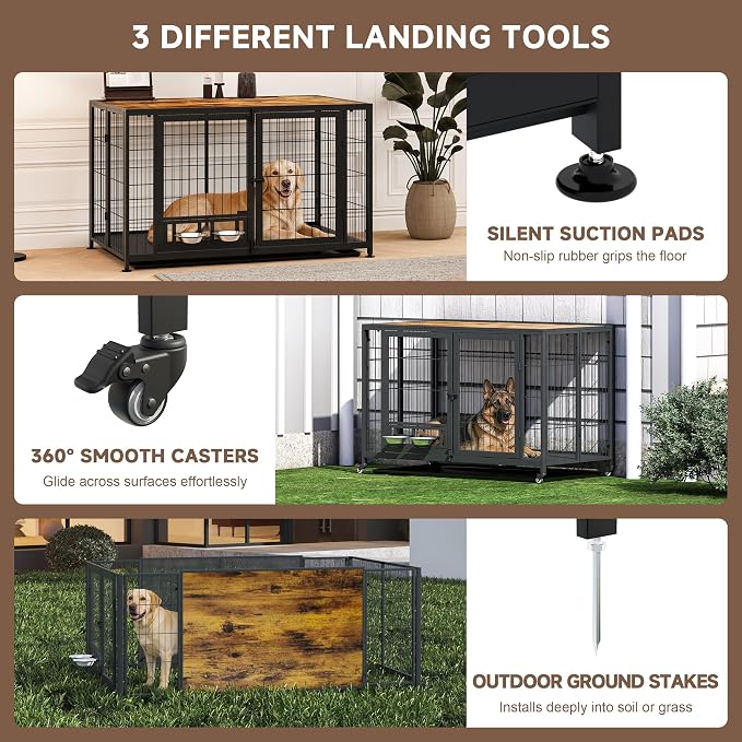 43.3" Heavy Duty Large Dog Crate with Wheels & Feeding Bowls, 3 in 1 Foldable Extra Large Dog Kennel & Playpen, Indestructible Escape-Proof Metal for Large Dogs, Indoor Outdoor, Rustic Brown