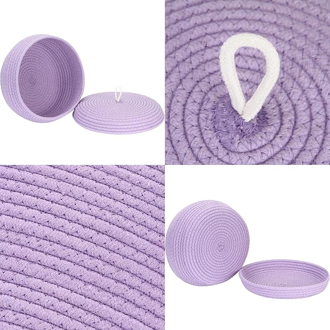 Sea Team Round Woven Cotton Rope Storage Basket with Lid, Lavender | Lidded Knitted Decorative Storage Bin, Pot, Caddy, Organizer, Container for Snacks, Towels, Plants, 13 x 5.5 Inches