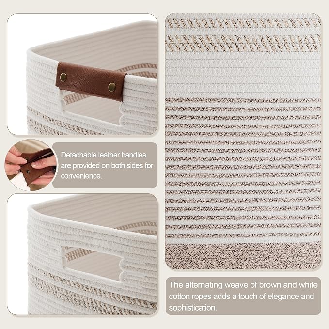 75L Tall Woven Laundry Basket Hamper with Leather Handles,Brown | collapsible wicker hamper, storage for dirty clothes, toys, blankets, gifts, living room, bedroom, bathroom, 16"x13"x22"