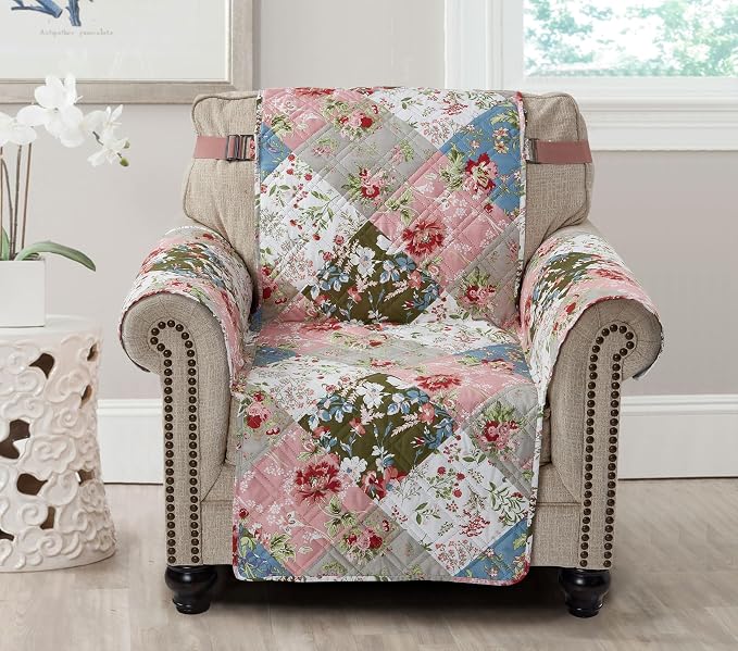 Brilliant Sunshine Peach & Olive Flowers Couch Armchair Cover, 23" seat | Quilted Sofa Cover, Living Room & Bedroom Furniture Protector, Washable Chair Slipcover for Pets, Dogs & Cats