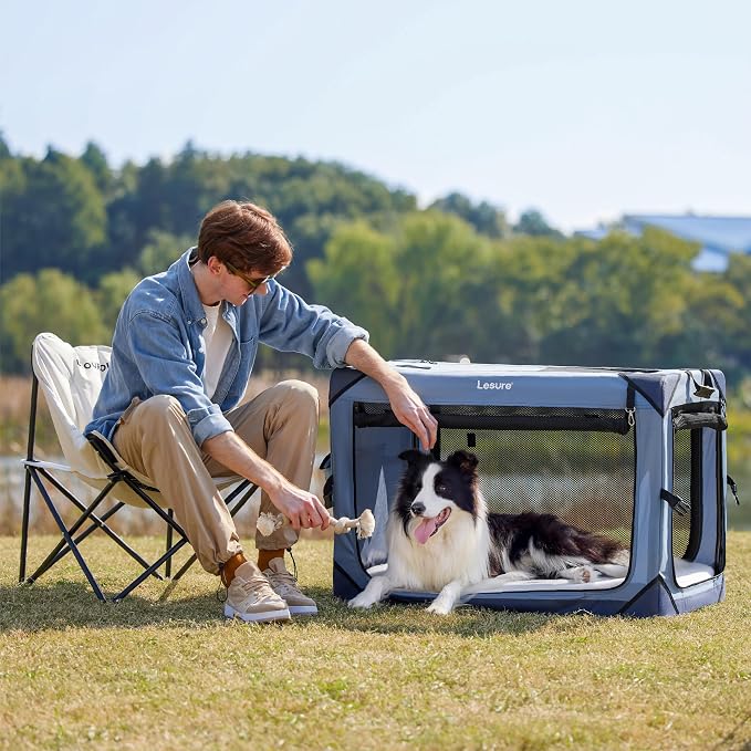 Lesure Portable Soft Collapsible Dog Crate for Large Dogs, 36in Blue | Travel Camping Pet Kennel, 4-door, Indoor and Outdoor Use, Easy to Set Up and Fold, For Large Breeds Up to 70lbs