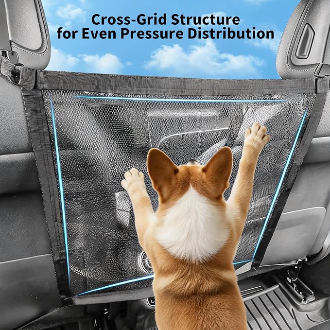 Dog Car Net Barrier Double Layer Mesh with Zipper Organizer Storage | Cars Seat Divider for Pet with Adjusting Rope and Hook Breathable Dogs Travel Accessory Universal Fit for SUV Sedan Truck