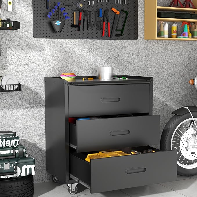 Mobile Garage Tool Storage Cabinet with 3 Drawers,Black Rolling Cabinet | Heavy Duty Metal Storage Cabinets for Garage Basement Workshop,Assembly Required