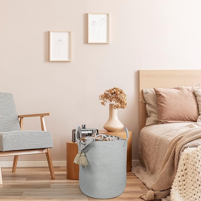 XUANGUO Cotton Rope Laundry Basket Hamper for Clothes Large Light Grey | Baby Nursery Hamper Bin and Woven Storage Basket for Living Room Bedroom Boho Tall Rope Baskets Blankets Toys Pillows Towels