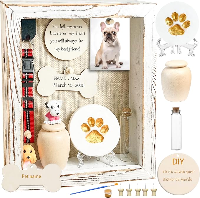 Solid Wood 8x10 Pet Memorial Shadow Box White Urn Ashes Display Case with Paw Print Kit Dog Memorial Keepsake Gift for Loss of Pet