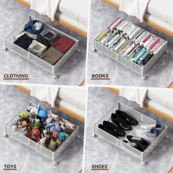 Under Bed Storage with Wheels,Patterned,Sturdy Metal,4 Pack,White | Tool-free assembly, glide smoothly, easy reach, foldable, maxmazie low-profile beds, dorm, keep seasonal clothes, shoes fresh