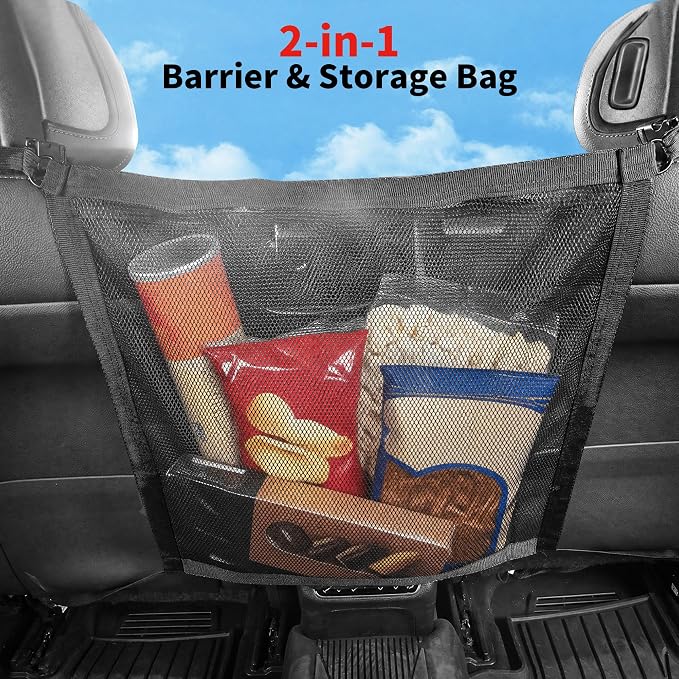 Dog Car Net Barrier Double Layer Mesh with Zipper Organizer Storage | Cars Seat Divider for Pet with Adjusting Rope and Hook Breathable Dogs Travel Accessory Universal Fit for SUV Sedan Truck