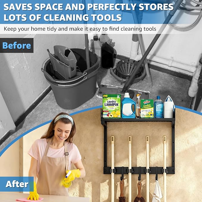 HUFAND 15" Wall Mounted Broom Holder and Mop Organizer with Shelf and Hook | Black Broom Holder Wall Mount, 4 Grippers, 3 Movable S-Hooks, For Garage And Laundry Room Storage