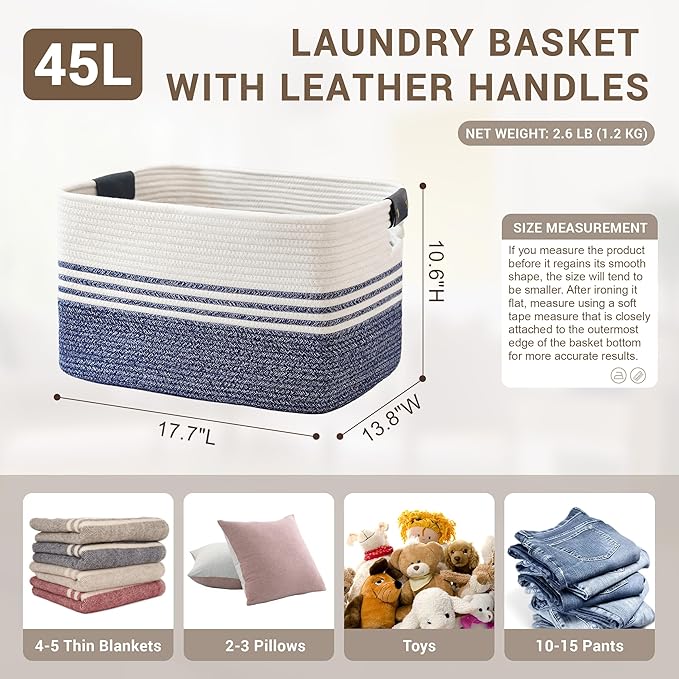 45L Woven Laundry Basket Hamper with Leather Handles,Denim Blue | collapsible wicker hamper, storage for dirty clothes, toys, blankets, gifts, living room, bedroom, bathroom, 18"x14"x11"