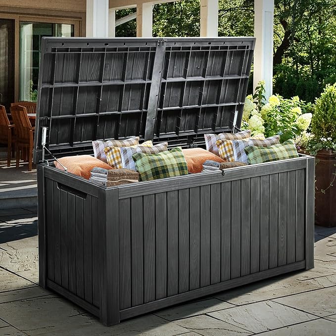 YITAHOME 220 Gallon XL Deck Box Large Outdoor Storage w/Divider for Patio | Outdoor Cushions, Garden Tools, Sports Equipment and Pool Supplies, Waterproof, Resin, Lockable, Black