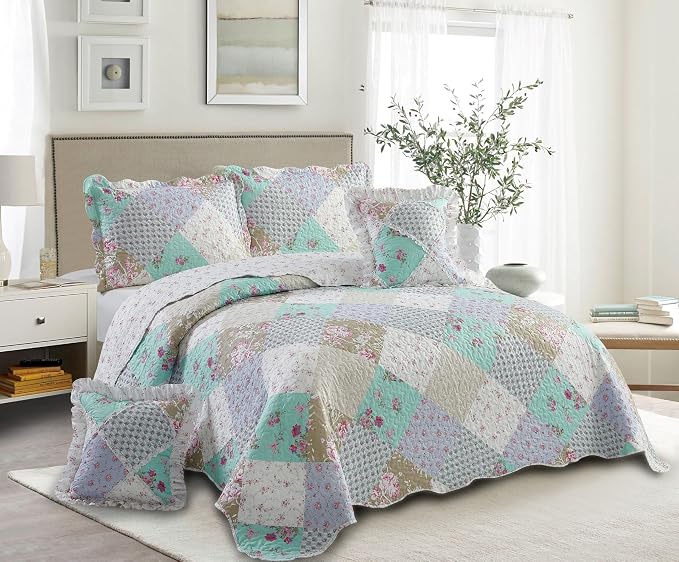 Brilliant Sunshine Blue & Green Roses Ruffle Pillowshams Set, 18"x18" | Patchwork Design with Ruffles, Quilted Pillow Covers, Washable Throw Cushion Cases for Couchs and Beds, Pack of 2