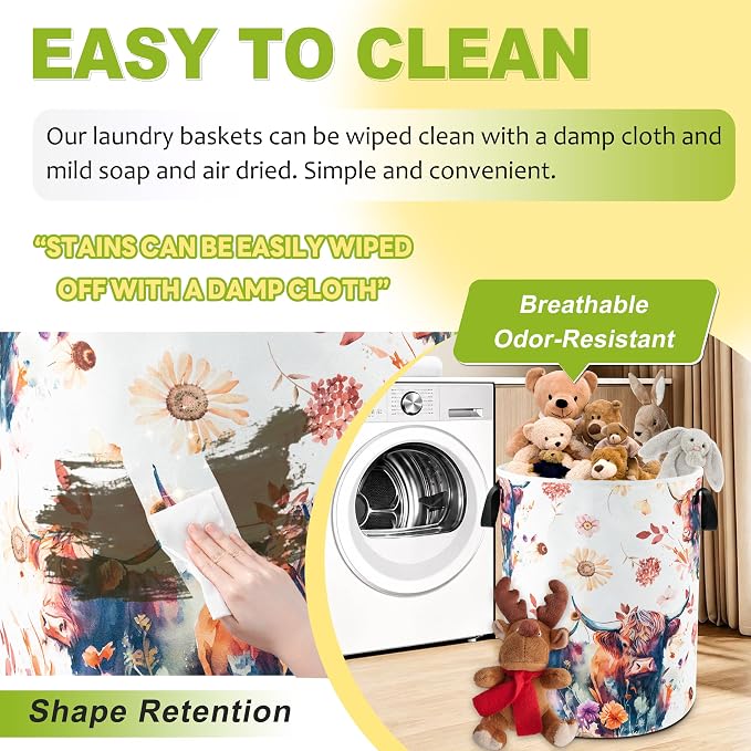 Highland Cow Floral Laundry Basket Foldable Waterproof 18.9 x 16.5 Inch | Oxford Cloth Hamper With Reinforced Handles Lining Large-Capacity Storage For Bathrooms/Laundry Rooms/ Living Rooms/Bedrooms