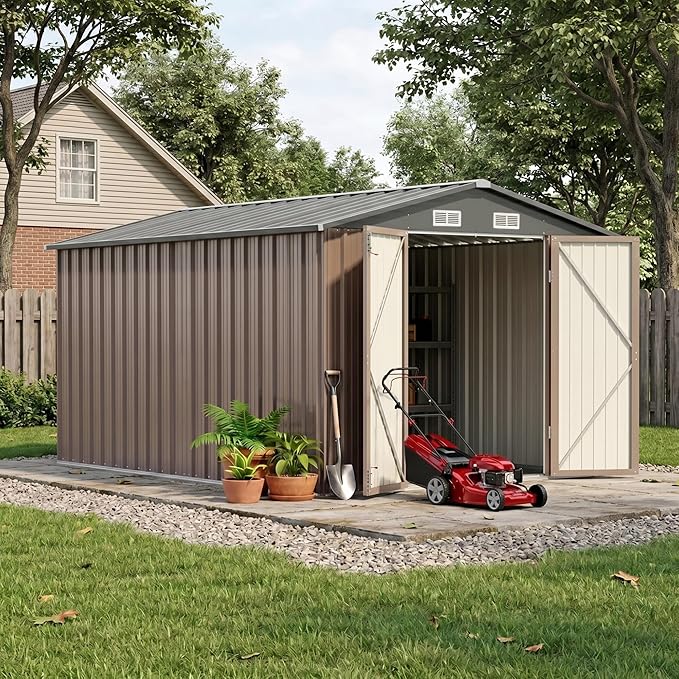 Devoko 8x12 FT Outdoor Storage Shed, Metal Tool Shed with Lockable Door&Slooping Roof, Outside Large Utility Storage for Garden Backyard Patio(Brown)