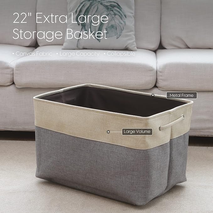 Sea Team Oversized Rectangle Canvas Open-Top Storage Baskets, 3-Pack | Collapsible Fabric Storage Bins with Handles, Closet Shelf Organizers, 22 x 15 x 13 Inches, Gray & Beige