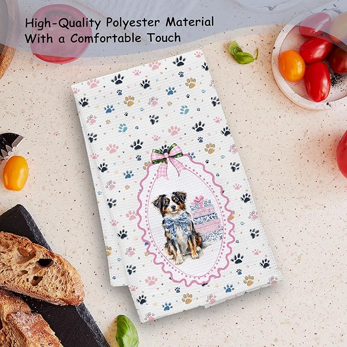 Blue Chinoiserie Australian Shepherd Dog Kitchen Towels, Aussie Dog Gifts Dish Tea Towels for Kitchen Decor, Coquette Pink Bow Aussie Hand Towel for Bathroom Decor, 16x24 Inch