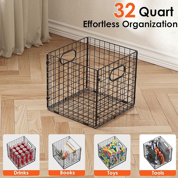 Cidaziya 4-Pack Metal Storage Crates, 32QT Stackable Collapsible Storage Bins with Handles, Black Heavy Duty Milk Crates for storage, Car, Garage, Home, Camping, Office