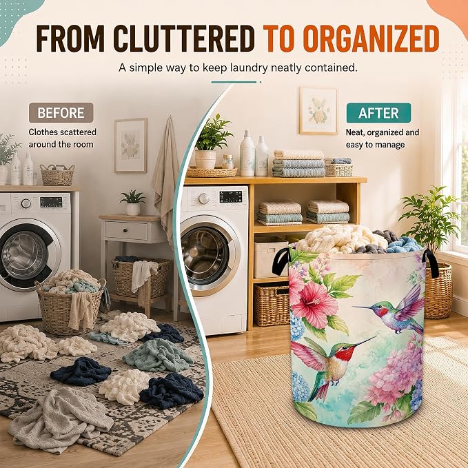 Hummingbird Laundry Basket,Hibiscus Hydrangea Foldable Oxford Laundry Hamper with Handles,Collapsible Clothes Storage Bucket Tote Bag for Laundry Room,Bathroom,Bedroom,Dorm