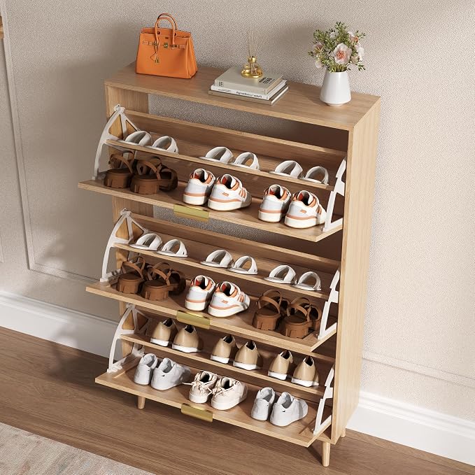 BORNOON Shoe Cabinet for Entryway with 3 Flip Drawers, Slim Wooden Shoe Storage Organizer with Modern Fluted Pannel，Freestanding Narrow Hidden Shoe Rack for Hallway, Foyer, Living Room