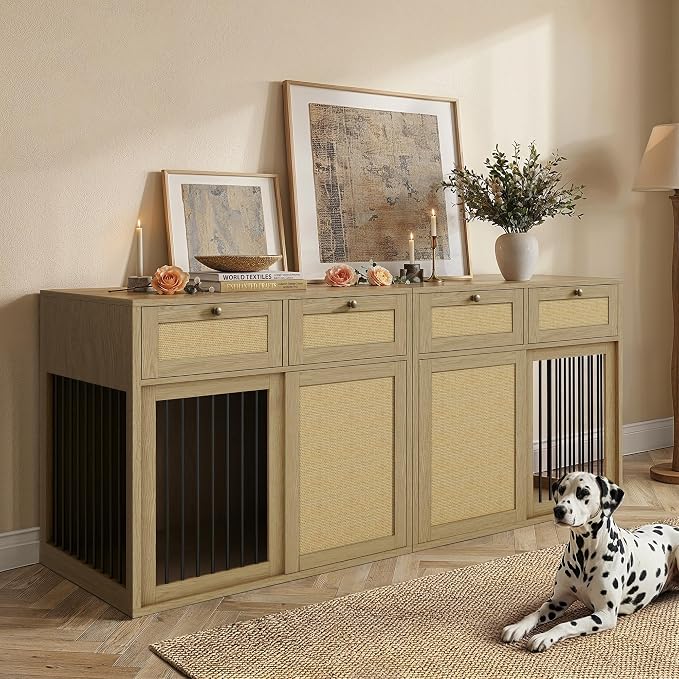 PureCozy 2-Piece Double Dog Crate Furniture, 80 Inch, Light Oak | Left and right kennels for 2 dogs with metal sliding doors, cane cabinets and 4 drawers; furniture-style indoor console.