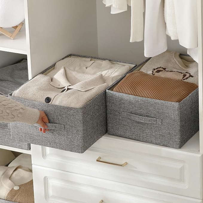Linen Folding Storage Bins, 3 Pack Large Storage Baskets, Washable, Clothing Storage Bins with Handle, Closet Organizer for Storage Sweater,Sheets(dark grey, 18½"x13½x8½)