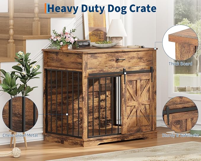 GarveeHome Dog Crate Furniture, 37.8" Large Dog Kennel Indoor, Wooden Kennel Table with Sliding Barn Door and Storage Drawer, Indoor Dog House for Large/Medium/Small Dogs (Brown)