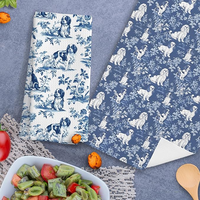Chinoiserie Cavalier King Charles Spaniel Kitchen Towels Set of 2,Blue and White Floral Cavalier Spaniel Decorative Hand Towels,Grandmillennial Dog Hand Towels for Kitchen Bathroom,16x24 Inch