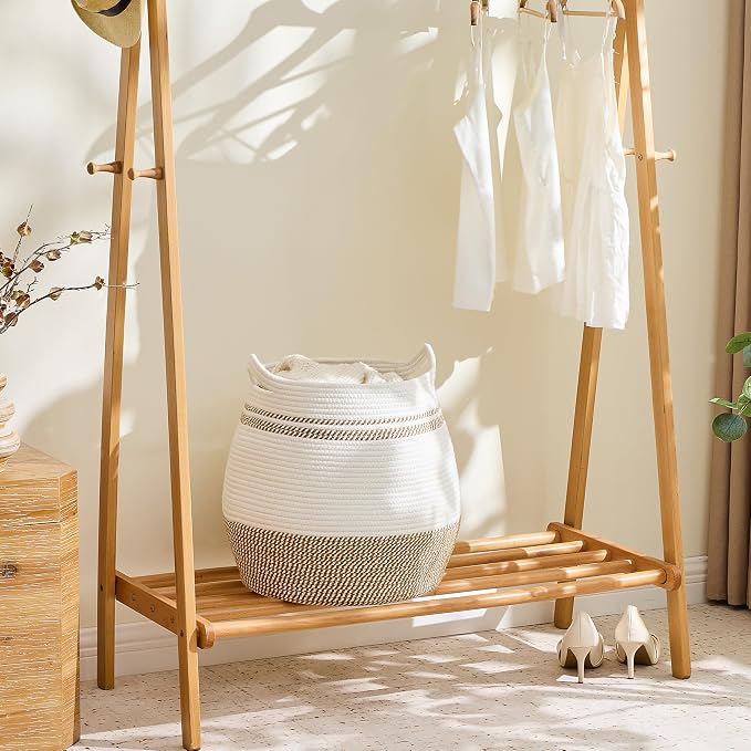 KAKAMAY Large Cotton Rope Woven Basket for Storage (17"x17"), Collapsible Laundry Hamper for Baby, Blanket Basket for Organizing Living Room, Nursery, Clothes, Toy Chest, Brown Stripes