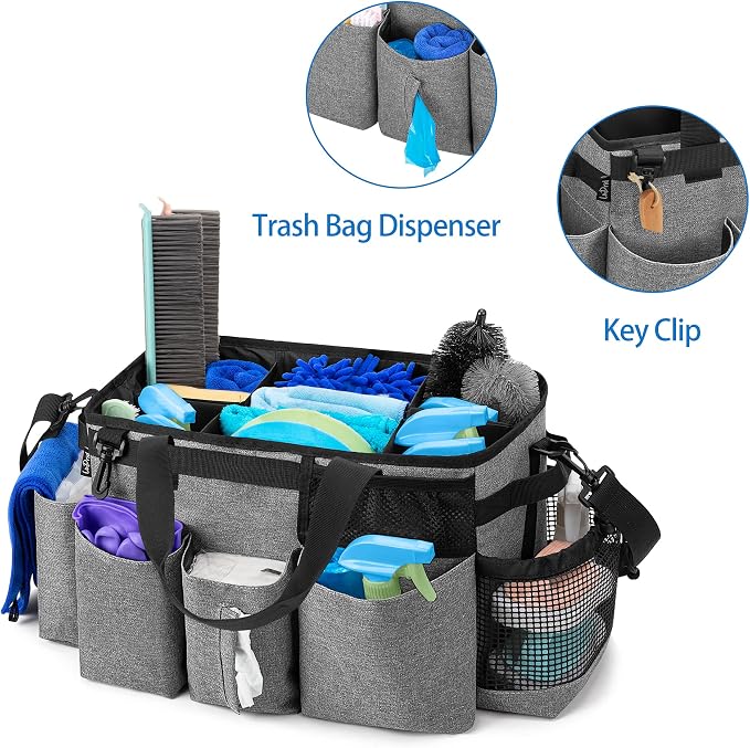 LoDrid Wearable Cleaning Caddy Bag with 4 Foldable Dividers, Grey | Cleaning Supply Organizer with Shoulder Strap and Side Handles for Cleaners & Housekeepers