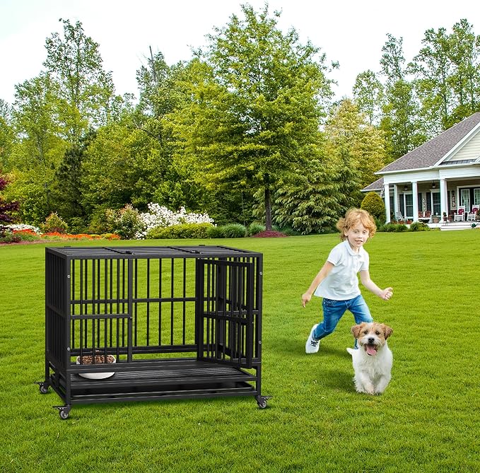 GarveeLife 38inch Heavy Duty Dog Crate, Foldable Indoor Dog Cage with Double Door, 360° Lockable Wheels and Removable Tray, Easy to Clean and Assembly，for Small Medium Dogs