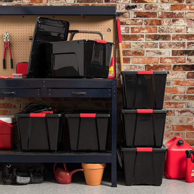 IRIS USA 4-Pack 54 Quart Storage Bins with Lids, Black | Black finish conceals stored items. Perfect for moving, blankets, clothing, and garage storage. Nestable design saves space