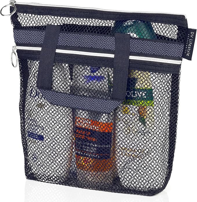Mesh Shower Bag 10.2x9.9'' Quick-Dry Caddy with Zipper & 2 Pockets. Portable Toiletry Tote for Bathroom, Gym, Travel, Camp, Beach, for Sunscreen, Dorm & College Essentials (Black)
