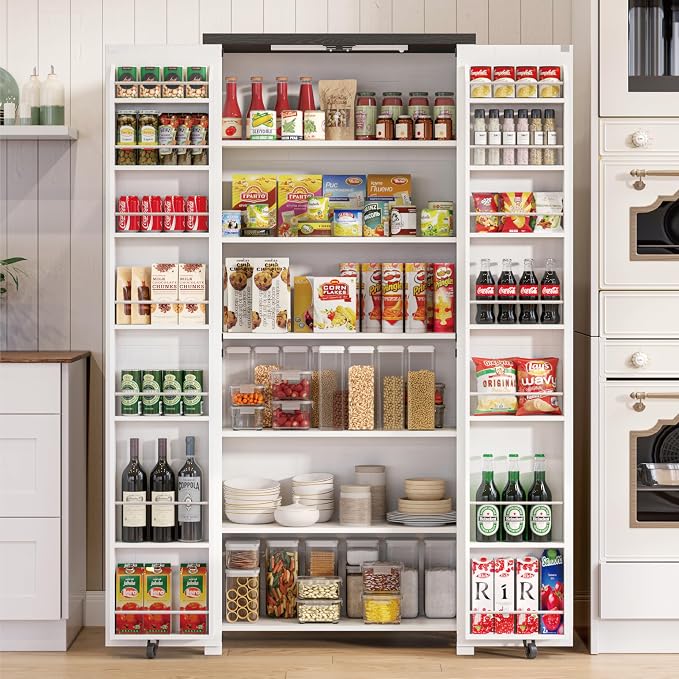 Furnaza Farmhouse 72" H Kitchen Pantry Cabinet with Adjustable Shelves | LED Craft Storage Cabinet Cabinet with 2 Barn Doors for Craft Room,Dining Room,Living Room,Home Office,16"D x 30"W