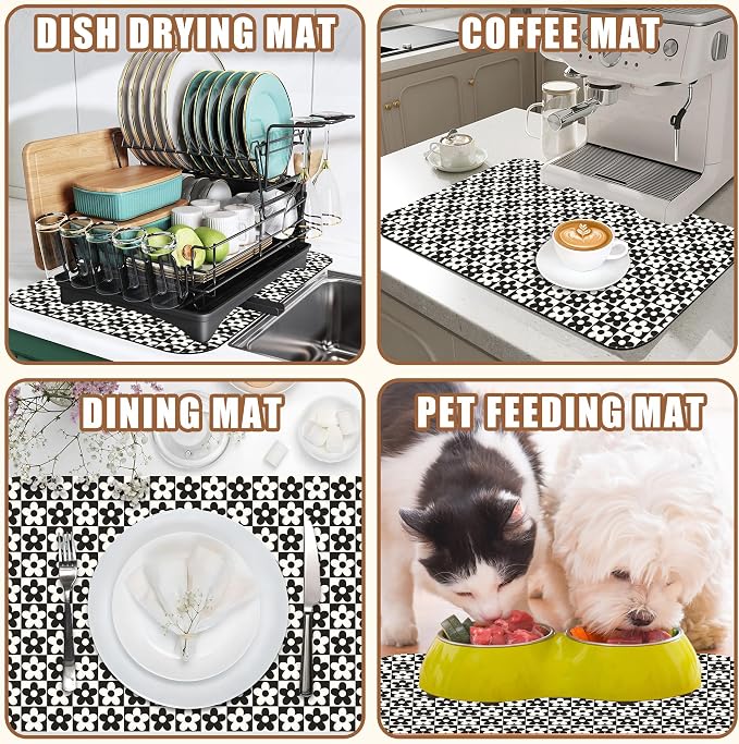 Black and White Checkered Flower Dish Drying Mat for Kitchen Counter Absorbent Coffee Bar Mat with Hide Stain Rubber Backed Coffee Maker Espresso Machine Cafe Table Accessories 11.8 x 19.7 Inch
