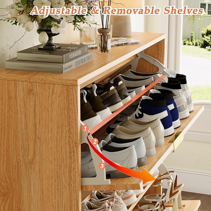 Shoe Storage Cabinet with 2 Flip Drawers, Narrow Wood Shoe Organizer Cabinet with Fluted Panel, Slim Shoe Rack for Entryway, Freestanding Shoe Cabinet for Living Room, Hallway, Wood Color