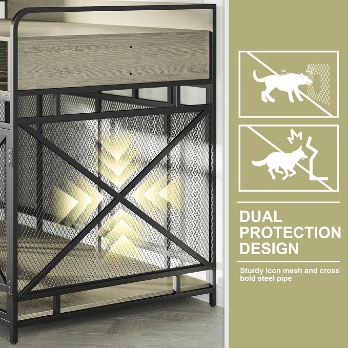 Fulhope Dog Crate Furniture, 48" Heavy Duty Wooden Dog Crate End Table, XL Dog Kennel Furniture Large Breed, Decorative Dog Kennel Indoor with 3 Drawers & Steel Tubes 48" L x28 W x38 H (Grey)