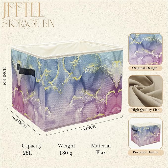 Blue Purple Marble Storage Bins with Handles, Abstract Modern Glitter Marble Texture Collapsible Laundry Basket Storage Box for Home Bedroom Bathroom Clothes Toys Books