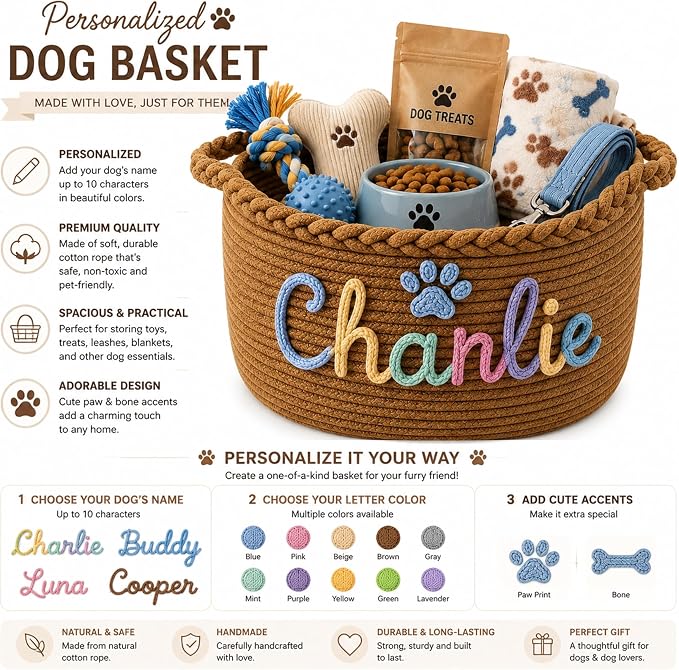 JUPPE Pet Dog Basket with Personalized Name, Dog Toys Storage Organizer Custom Cotton Rope Basket Nursery Decor (Custom Cat Basket)
